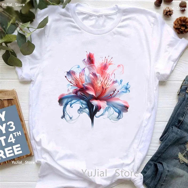 Smoke Flower Printed T Shirt T Shirt Women'S Clothing Colorful Butterfly Tshirt Femme Summer Fashion Short Sleeve T-Shirt