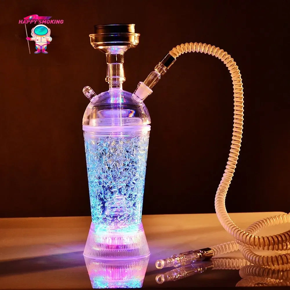 HAPPY Protable LED Hookah Shisha Set with Water Pipe Acrylic Tobacco Pipes Suit Narguile Complete Bottle Smoking Accessories
