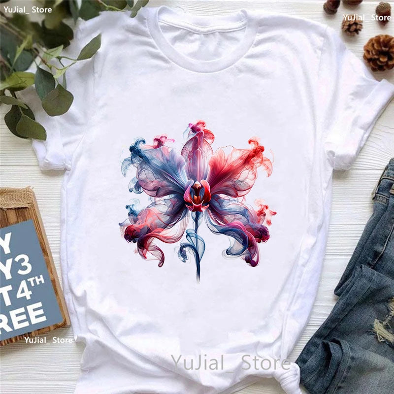 Smoke Flower Printed T Shirt T Shirt Women'S Clothing Colorful Butterfly Tshirt Femme Summer Fashion Short Sleeve T-Shirt