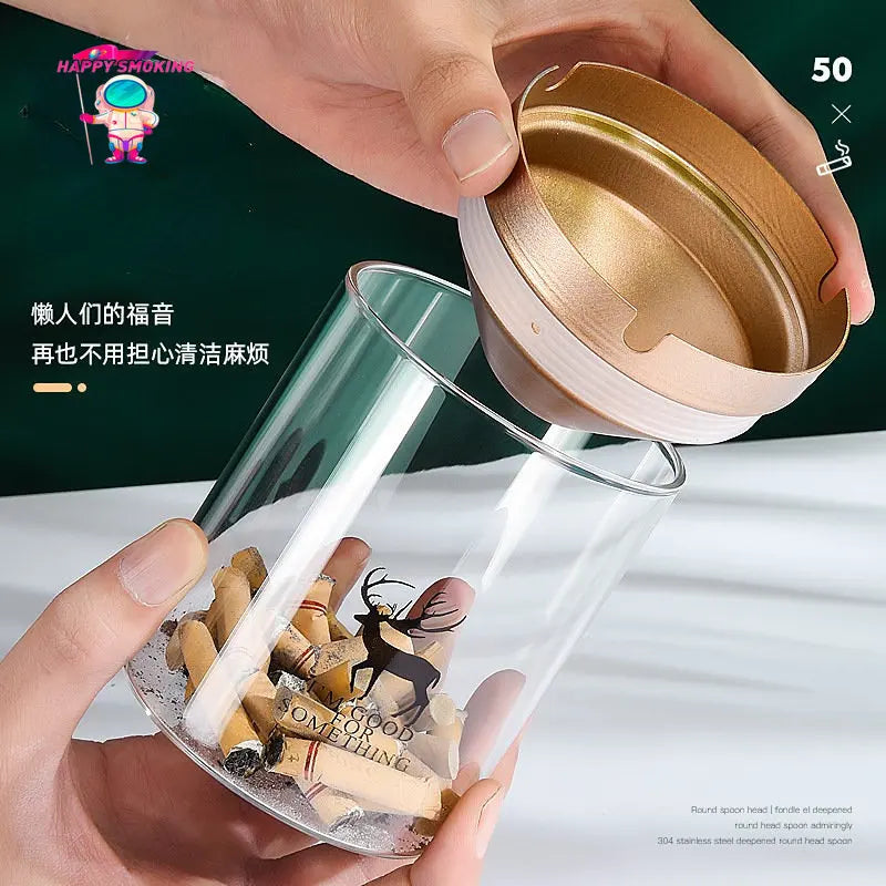 HAPPY Transparent Smokeless Ashtray with Cover Stainless Steel Windproof and Dustproof Ash Tray for Home Smoking Accessories