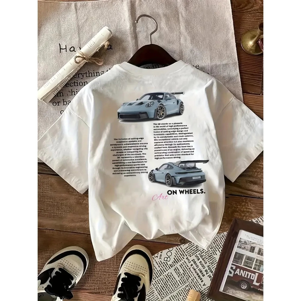 Casual Graphic Tee - Black Car Print with On Wheels Text Crew Neck All Season Comfort Fit Men's Women's T-Shirt Casual Clothes