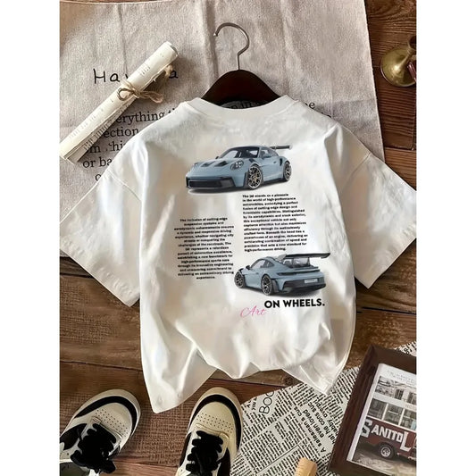 Casual Graphic Tee - Black Car Print with On Wheels Text Crew Neck All Season Comfort Fit Men's Women's T-Shirt Casual Clothes