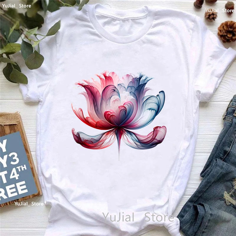 Smoke Flower Printed T Shirt T Shirt Women'S Clothing Colorful Butterfly Tshirt Femme Summer Fashion Short Sleeve T-Shirt
