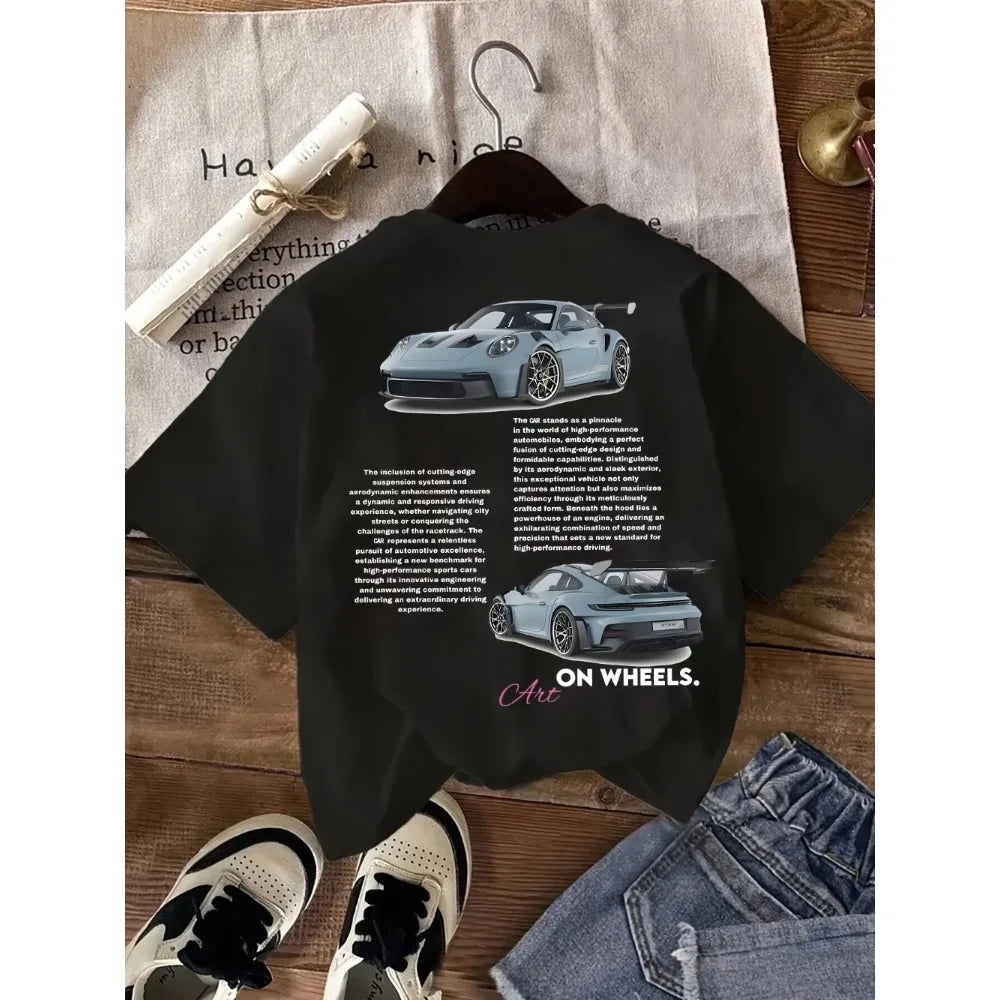 Casual Graphic Tee - Black Car Print with On Wheels Text Crew Neck All Season Comfort Fit Men's Women's T-Shirt Casual Clothes