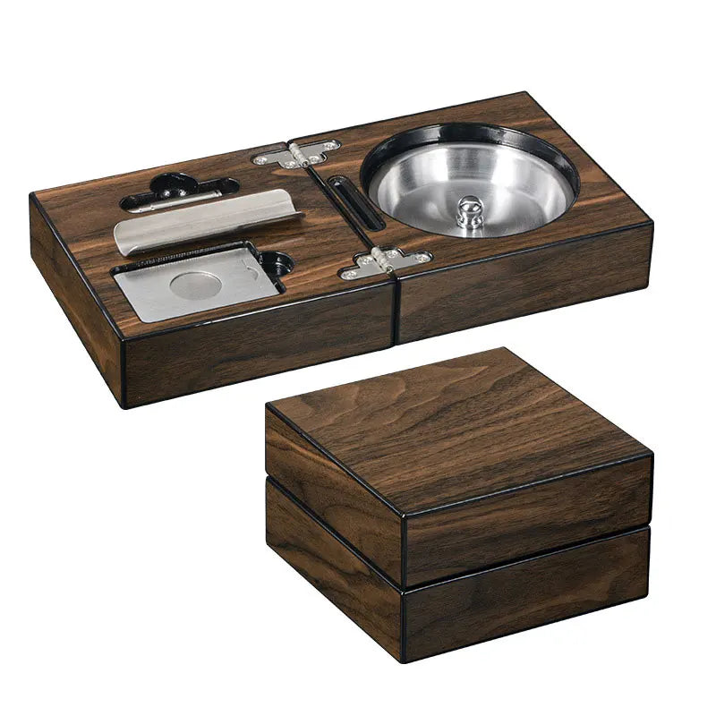 Multifunctional Cigar Ashtray Foldable Walnut Wood Box Include Cigar Cutter Holder Tray And Hole Opener Smoking Accessories