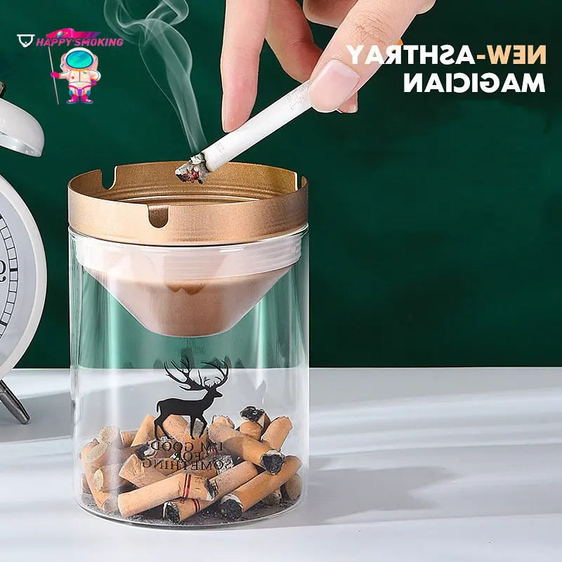 HAPPY Transparent Smokeless Ashtray with Cover Stainless Steel Windproof and Dustproof Ash Tray for Home Smoking Accessories