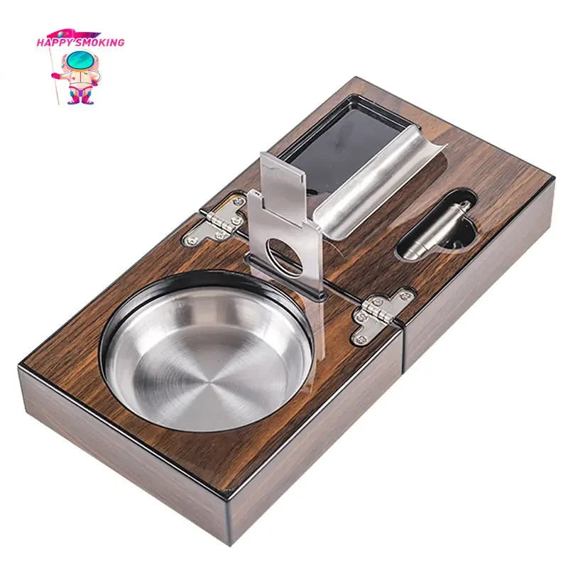 HAPPY Multifunctional Cigar Ashtray Foldable Walnut Wood Box Include Cigar Cutter Holder and Hole Opener Smoking Accessories