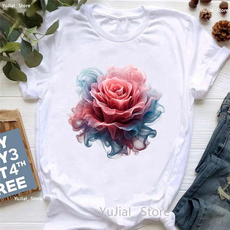 Smoke Flower Printed T Shirt T Shirt Women'S Clothing Colorful Butterfly Tshirt Femme Summer Fashion Short Sleeve T-Shirt