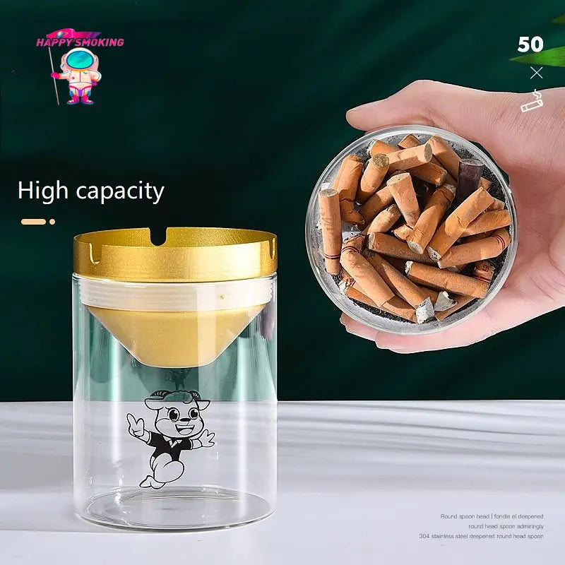 HAPPY Transparent Smokeless Ashtray with Cover Stainless Steel Windproof and Dustproof Ash Tray for Home Smoking Accessories