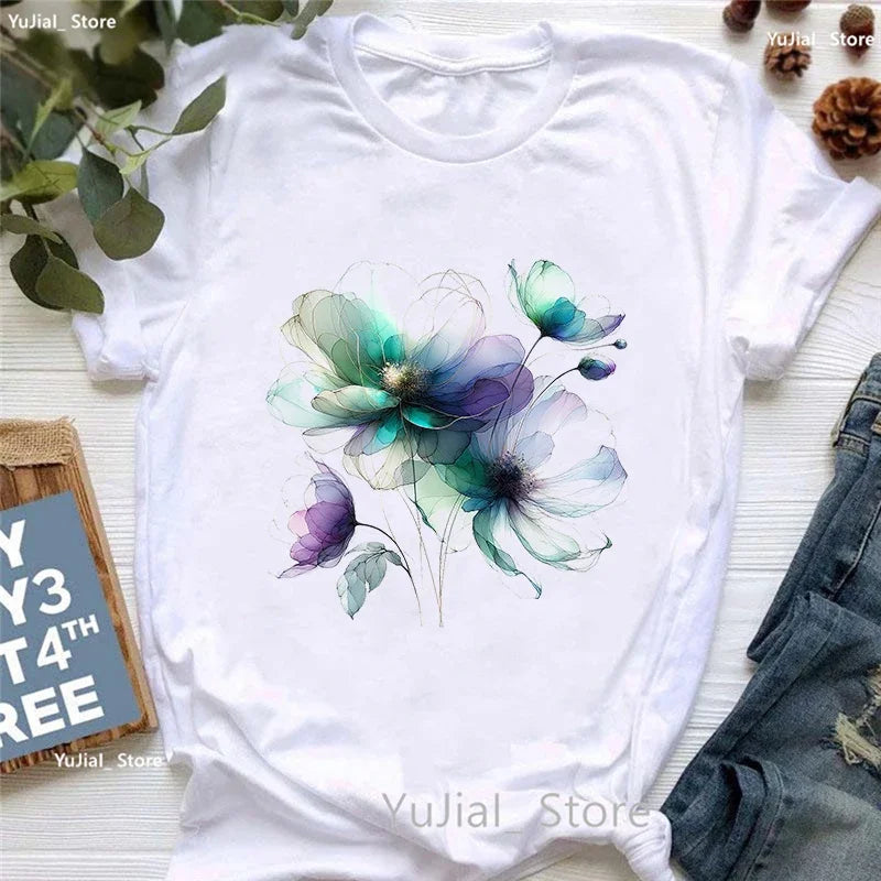 Smoke Flower Printed T Shirt T Shirt Women'S Clothing Colorful Butterfly Tshirt Femme Summer Fashion Short Sleeve T-Shirt