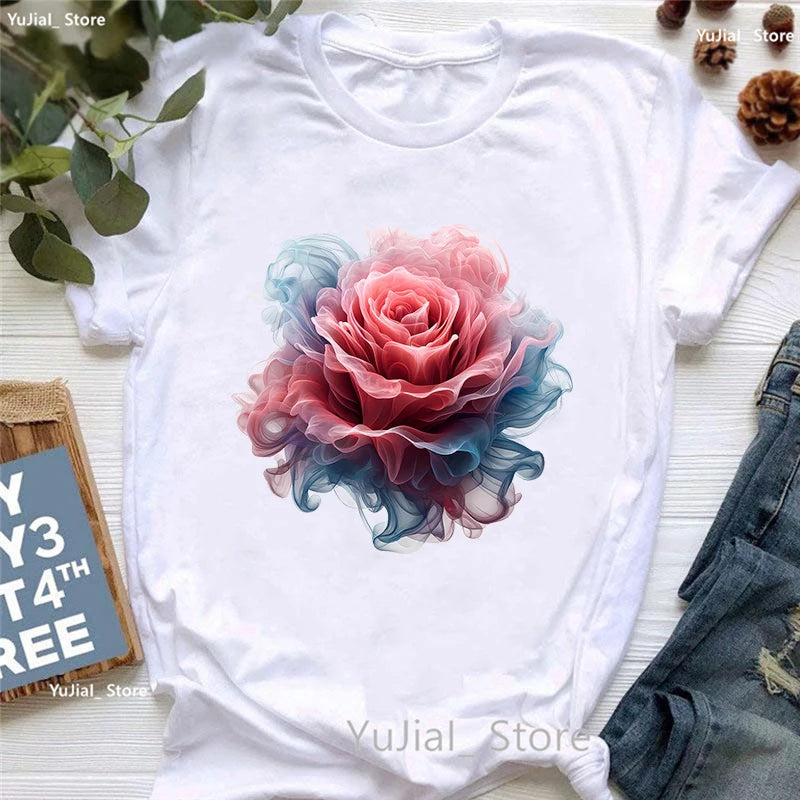 Smoke Flower Printed T Shirt T Shirt Women'S Clothing Colorful Butterfly Tshirt Femme Summer Fashion Short Sleeve T-Shirt