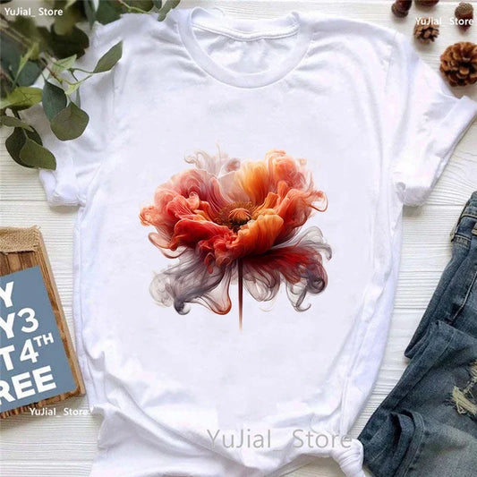 Smoke Flower Printed T Shirt T Shirt Women'S Clothing Colorful Butterfly Tshirt Femme Summer Fashion Short Sleeve T-Shirt