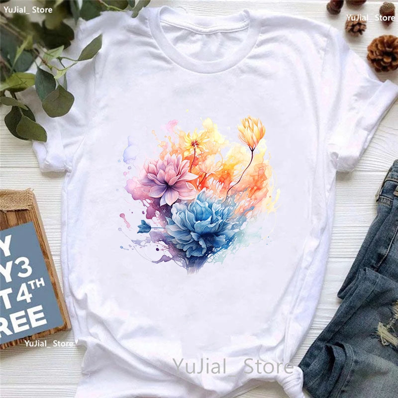 Smoke Flower Printed T Shirt T Shirt Women'S Clothing Colorful Butterfly Tshirt Femme Summer Fashion Short Sleeve T-Shirt