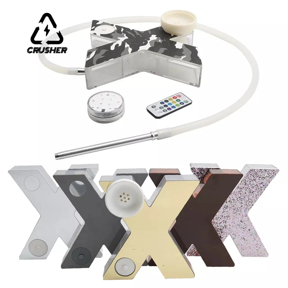CRUSHER Acrylic X Shape Hookah Set with Tobacco Water Pipe LED Light Narguile Complete for Party Shisha Smoking Pipe Accessories