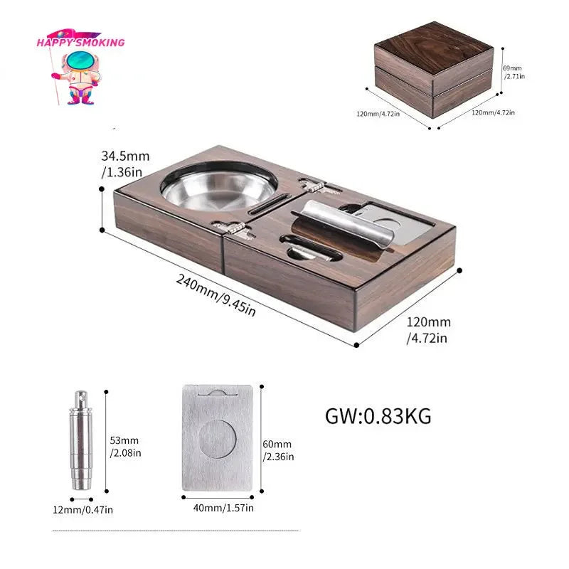 HAPPY Multifunctional Cigar Ashtray Foldable Walnut Wood Box Include Cigar Cutter Holder and Hole Opener Smoking Accessories