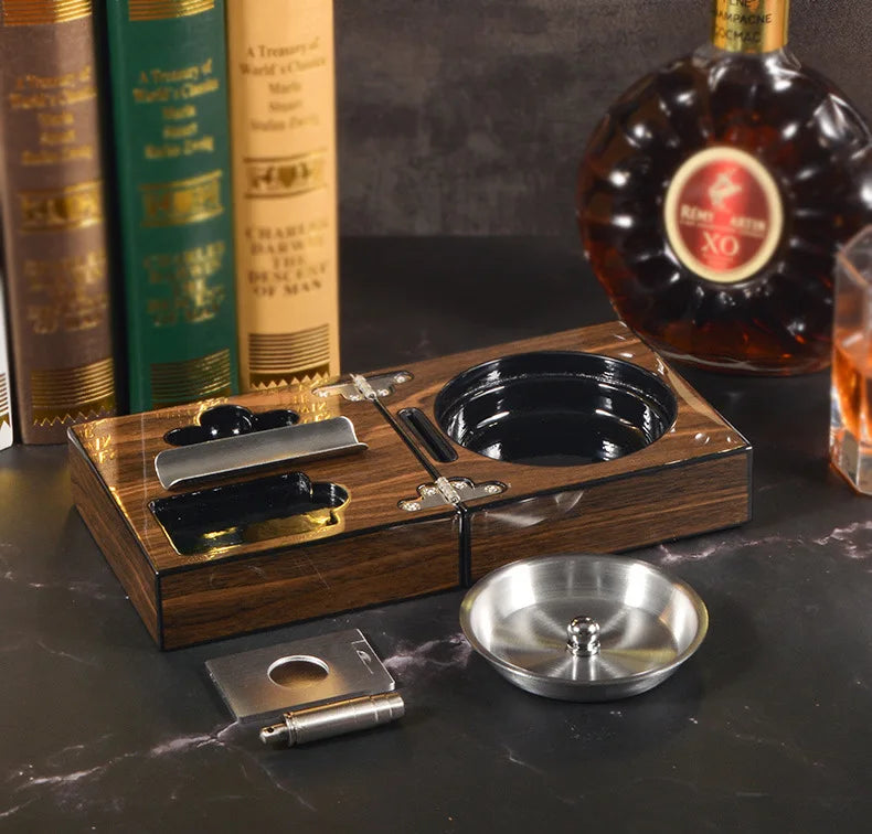 Multifunctional Cigar Ashtray Foldable Walnut Wood Box Include Cigar Cutter Holder Tray And Hole Opener Smoking Accessories