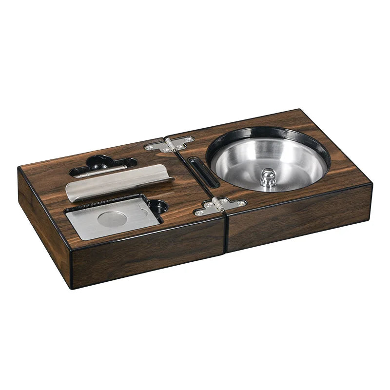 Multifunctional Cigar Ashtray Foldable Walnut Wood Box Include Cigar Cutter Holder Tray And Hole Opener Smoking Accessories