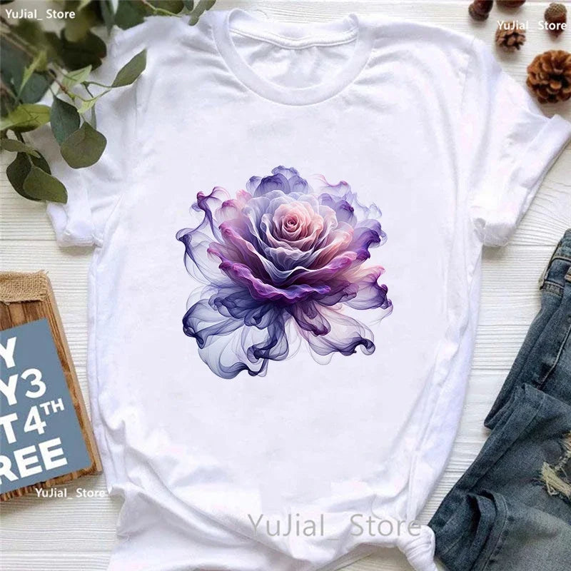 Smoke Flower Printed T Shirt T Shirt Women'S Clothing Colorful Butterfly Tshirt Femme Summer Fashion Short Sleeve T-Shirt