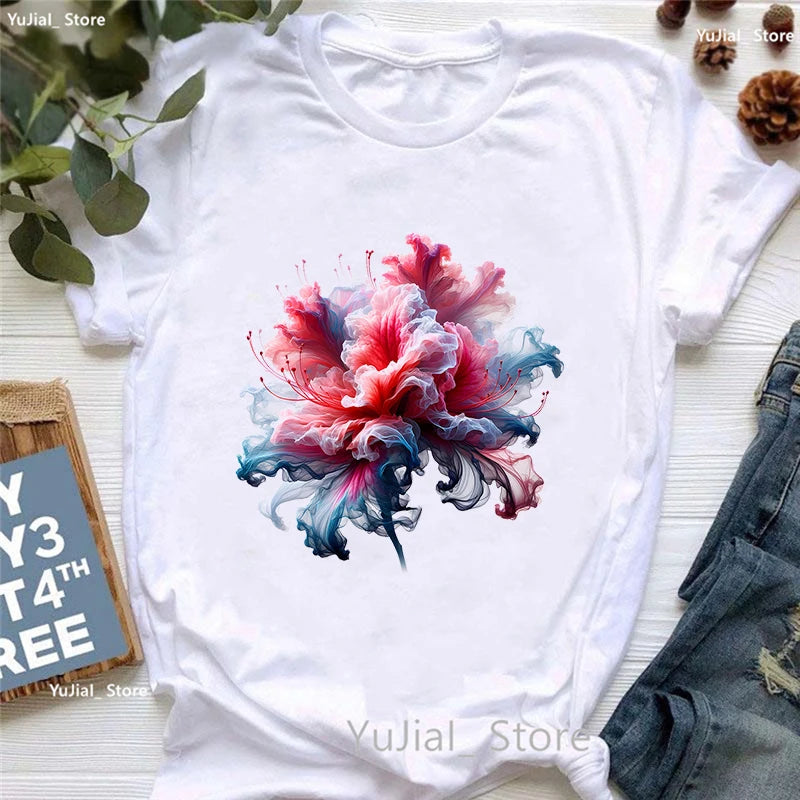 Smoke Flower Printed T Shirt T Shirt Women'S Clothing Colorful Butterfly Tshirt Femme Summer Fashion Short Sleeve T-Shirt