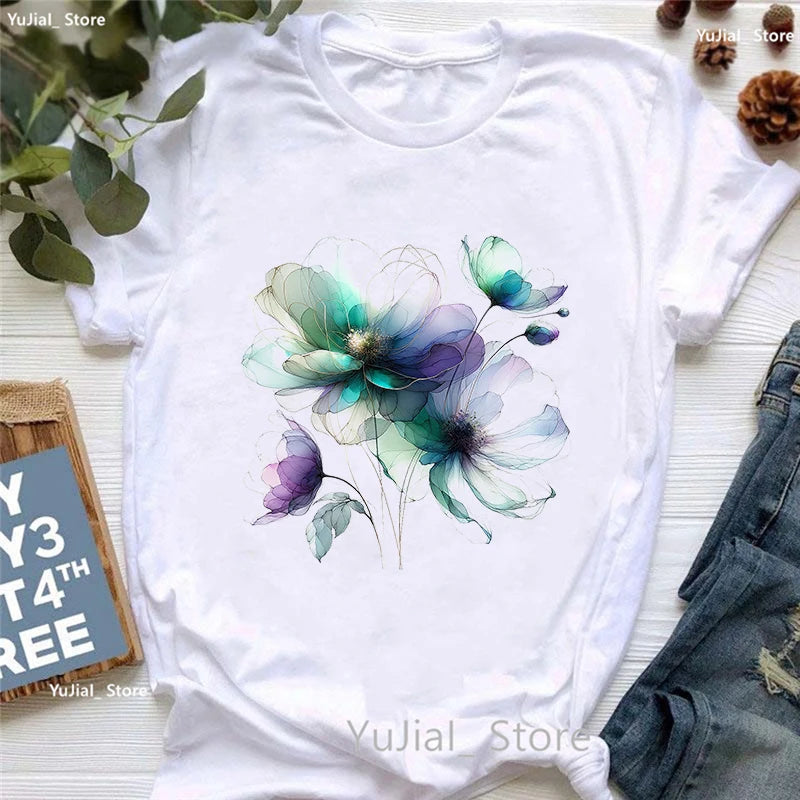 Smoke Flower Printed T Shirt T Shirt Women'S Clothing Colorful Butterfly Tshirt Femme Summer Fashion Short Sleeve T-Shirt