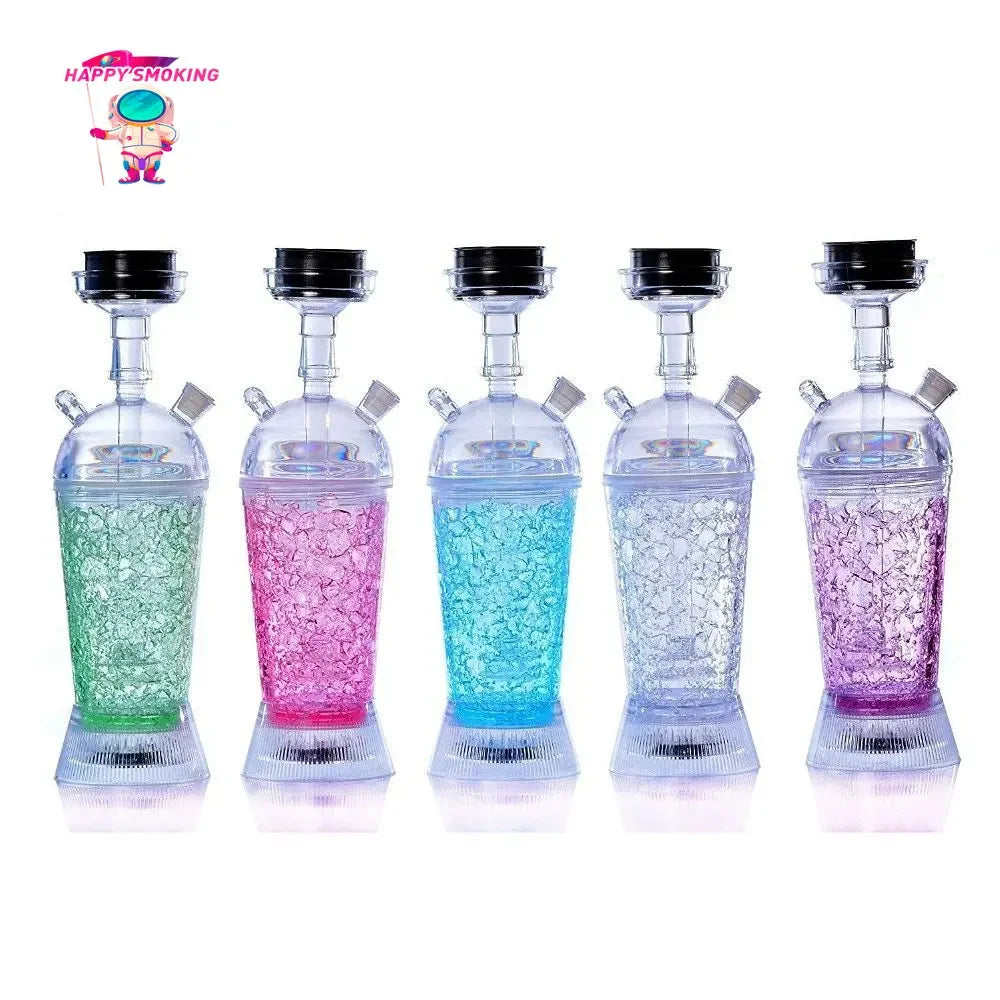 HAPPY Protable LED Hookah Shisha Set with Water Pipe Acrylic Tobacco Pipes Suit Narguile Complete Bottle Smoking Accessories