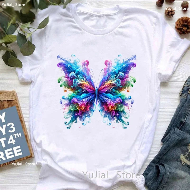 Smoke Flower Printed T Shirt T Shirt Women'S Clothing Colorful Butterfly Tshirt Femme Summer Fashion Short Sleeve T-Shirt