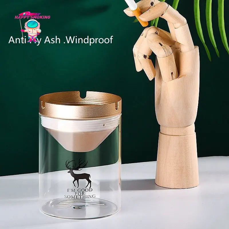 HAPPY Transparent Smokeless Ashtray with Cover Stainless Steel Windproof and Dustproof Ash Tray for Home Smoking Accessories