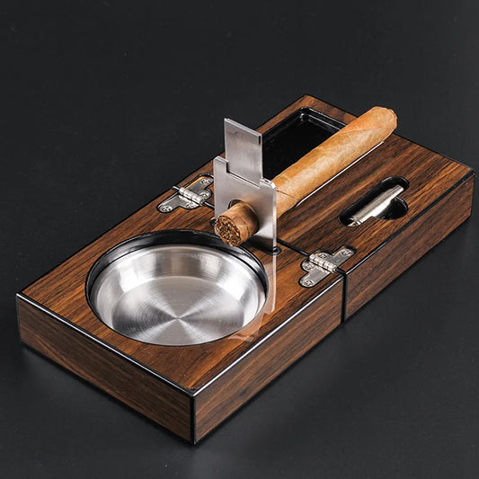 HAPPY Multifunctional Cigar Ashtray Foldable Walnut Wood Box Include Cigar Cutter Holder and Hole Opener Smoking Accessories