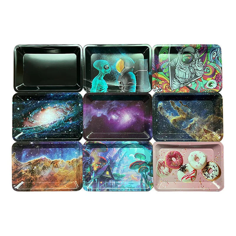 Rolling Tray 18*12.5CM Tobacco Metal Cigarette Smoking Accessories Herb Tinplate Plate Grinder Tools Various Pattern Designs