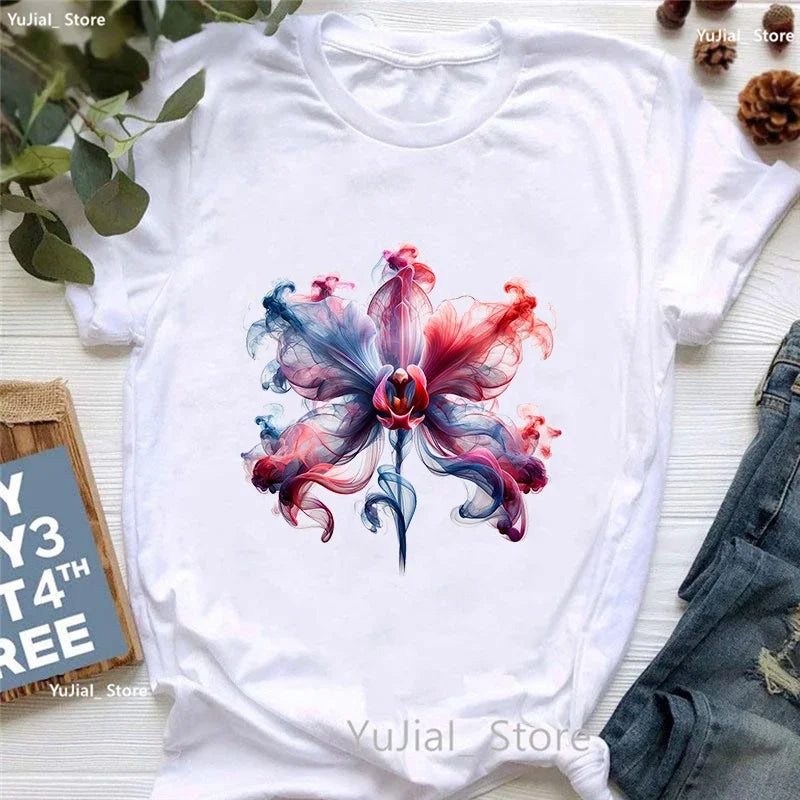 Smoke Flower Printed T Shirt T Shirt Women'S Clothing Colorful Butterfly Tshirt Femme Summer Fashion Short Sleeve T-Shirt