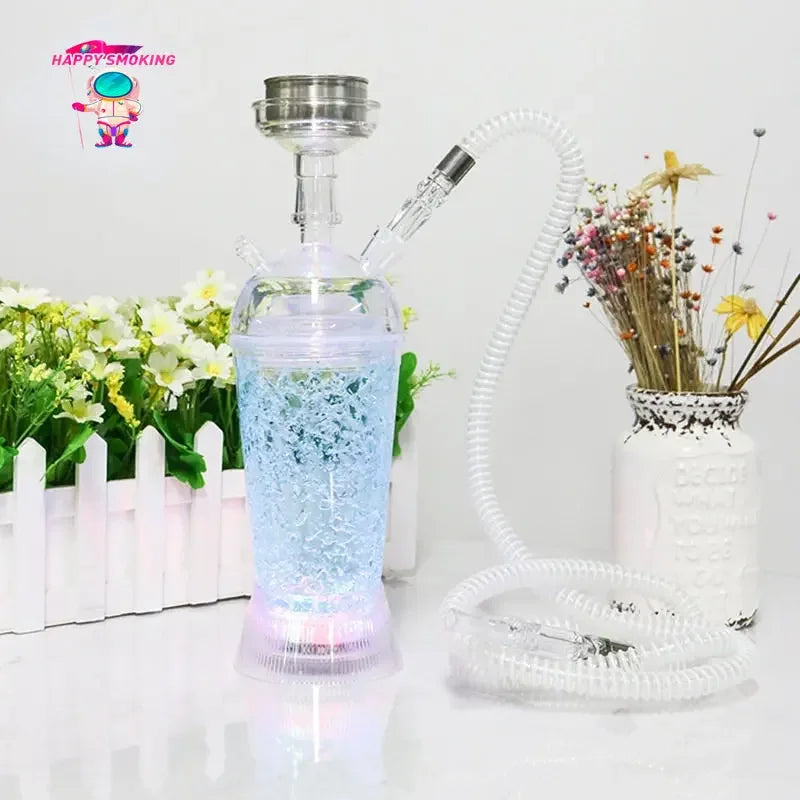 HAPPY Protable LED Hookah Shisha Set with Water Pipe Acrylic Tobacco Pipes Suit Narguile Complete Bottle Smoking Accessories