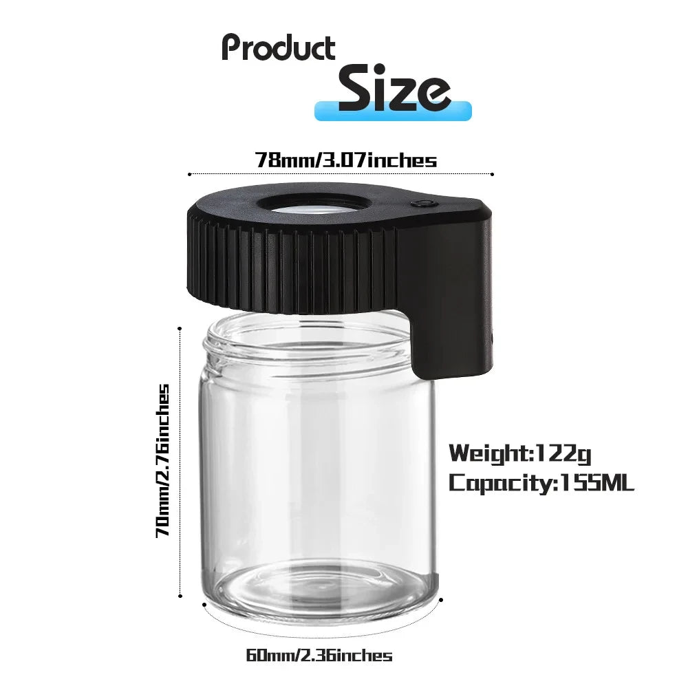 HAPPY Tobacco Glass Jar with Magnifying Lid and Light Transparent Storage Container Clear Stash Herb Jars