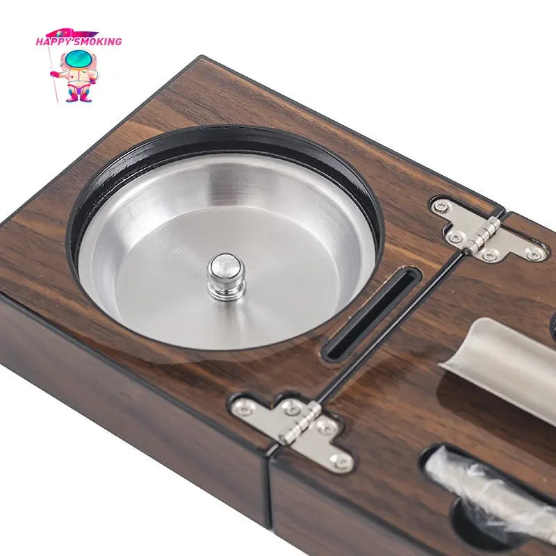 HAPPY Multifunctional Cigar Ashtray Foldable Walnut Wood Box Include Cigar Cutter Holder and Hole Opener Smoking Accessories